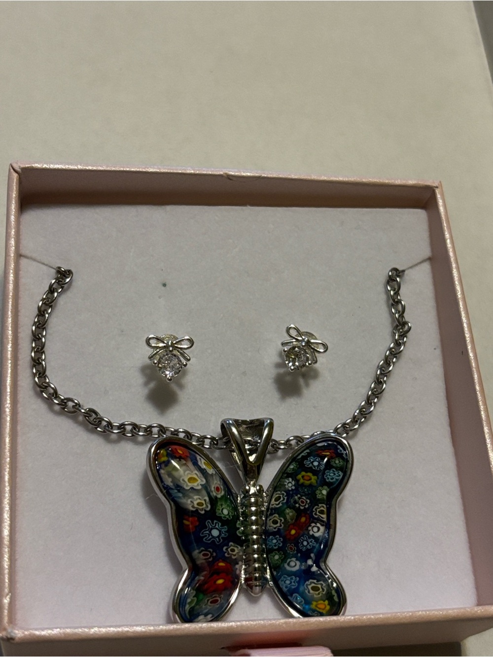Silver Tone Multicolor Butterfly Pendant Necklace and Stud Earrings